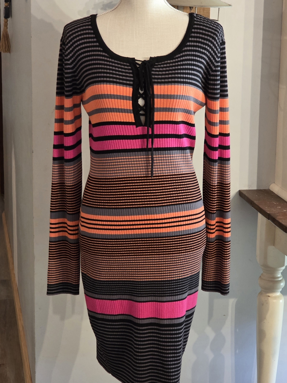 No Boundaries Junior Striped Lace-Up Bodycon Dress in Black, Pink & Orange